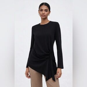 Zara Black Asymmetric Draped Long-Sleeve Top